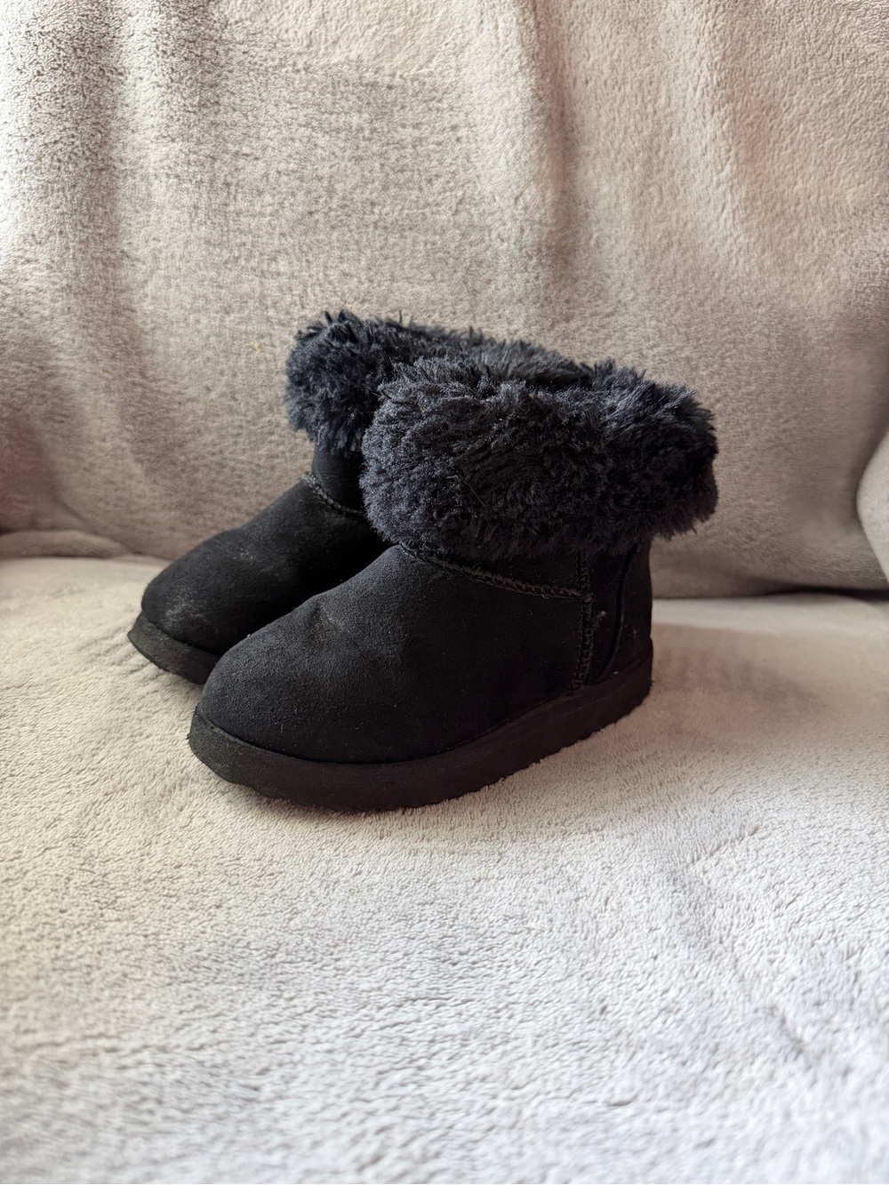 Kids Black Faux Fur Cuff Winter Boots